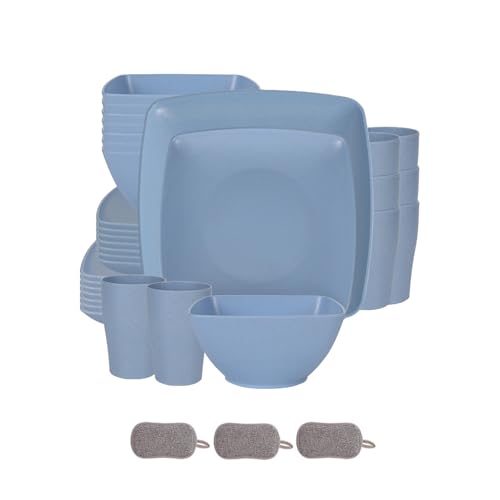 スクエア型プラスチック製食器セット 再利用可能ボウル 皿 カップ 割れないカラフルな 大容量プレート ファッション北欧スタイル 軽量 電子レンジと食器洗い機対応 家庭やアウトドアキャンプで (青, 32点セット)
