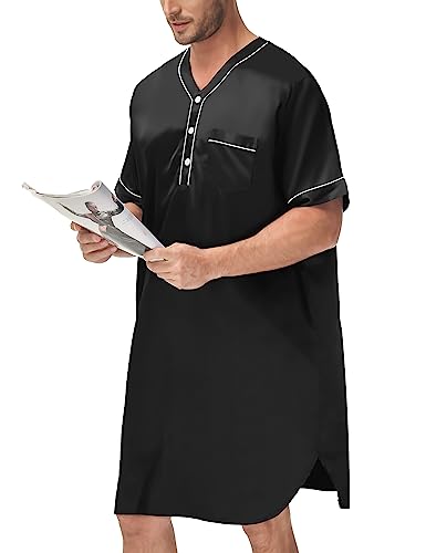SWOMOG Mens Silk Satin Nightshirt Short Sleeve Loose Henley Sleep Shirt Comfy Nightgown Big & Tall Men Sleepwear4
