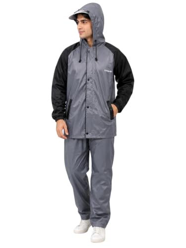 Image of Dollar Men's Waterproof Raincoat Set with Detachable Plastic Visor Hood | Lightweight Polyester Jacket Pant Rainwear Suit with 4 Pockets, Full Sleeve Leakproof for Biking, Trekking & Outdoor