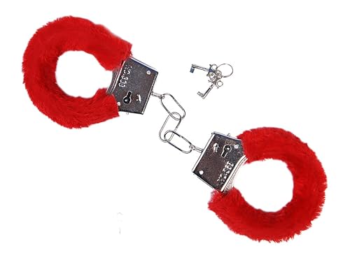 PartyDeco -KJD-007 Menottes de poignet avec peluche pour homme, femme, rouge, KJD-007
