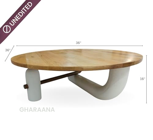 Image of Gharaana Aurum Modern Wooden Centre Table for Living Room (36x36x16) Solid Mango Wood, White Stone Finish | Natural Bleach Finish | Round Solid Wood Luxury Contemporary Coffee Table