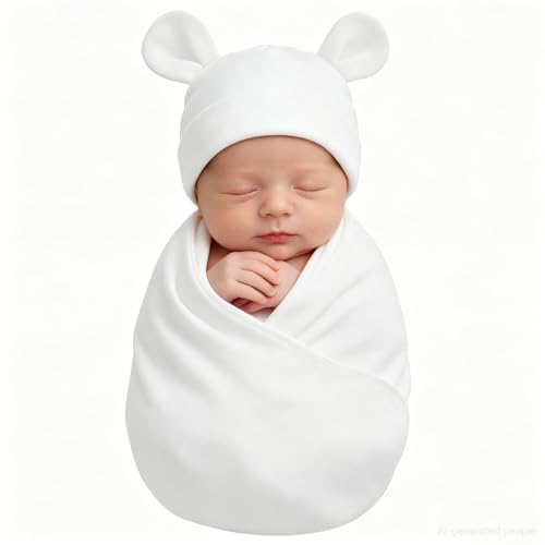 Image of Unisex Baby Swaddle Blanket with Hat Set Newborn Swaddle Receiving Blankets Sleep Sack for 0-3 Months Boys Girls