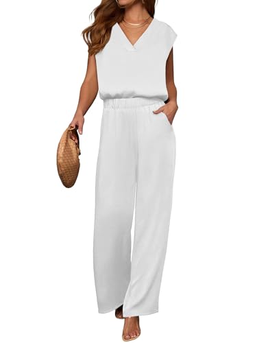 ANRABESS Women Summer 2 Piece Outfits V-Neck Top and Wide Leg Pants Set Comfy All-Day Wear for Lounge & Daily Travel Sets White Medium