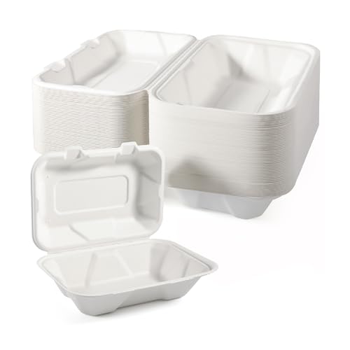 Sugarcane Clamshell Food Containers, 100% Home Compostable Takeaway Boxes [100-Pack], Heavy Duty 9x6x3 Inch Clamshells, PFAS-Free, Bagasse, White