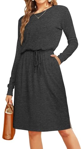 Simier Fariry Women Fall Long Sleeve Casual Blouson Midi Knee Dress Cotton Pocket Hide Belly Work...