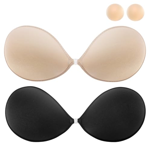 LEOFI Soutien-gorge adhésif sans bretelles avec cache-tétons en silicone, Noir, chair, D