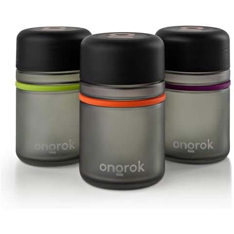 ONGROK Glass Storage Jar, 180ml, 3 Pack, UV Herb/Spice Jar with Child Resistant Lid, Color-Coded Glass Containers Air Proof to Preserve Smell and Aroma, Perfect Size to Store in a Drawer or Cupboard Cover