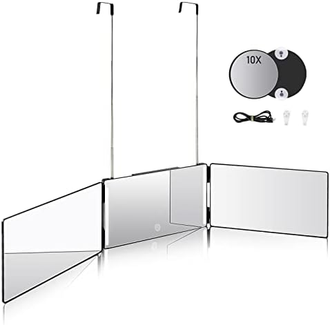 Essbhach 3 Way Mirror for Hair Cutting, 360 Barber Mirror for Women, Barber Supplies Shower 28 LED Mirror, Height Adjustable Hooks, Gift for Dad, Black with LED