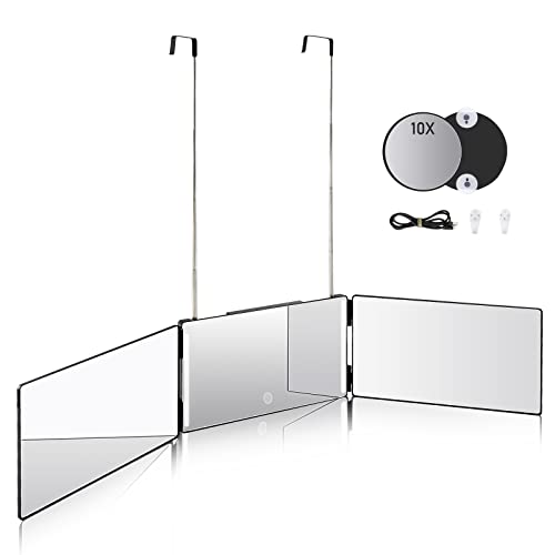 Essbhach 3 Way Mirror For Hair Cutting, 360 Barber Mirror For Women, Barber Supplies Shower 28 Led Mirror, Height Adjustable Hooks, Gift For Dad, Black With Led #TOP2