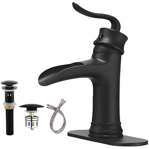Matte Black Bathroom Sink Faucet Single Hole Waterfall One Handle for Vanity with Brass Pop Up Drain by Yodel Faucet Cover