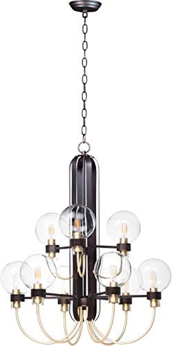 Maxim 30517CLBZSBR Bauhaus Mid Century Modern Clear Glass Orb Chandelier, 9-Light 540 Total Watts, 35" H x 28" W, Bronze/Satin Brass