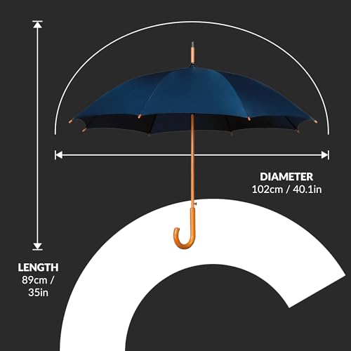 Jollybrolly Navy Walking Umbrella – Wooden Walking Stick Umbrella, Crook Handle, Large Canopy for Sun Protection, Windrpoof, Waterproof, Long Stick Gents Umbrella