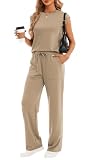 IVIR Zweiteiler Trainingsanzug Damen Tracksuit Kurzarm Lässige Crew Neck Jogginganzug Sommer Outfits Trainingsanzüge mit Taschen Khaki L