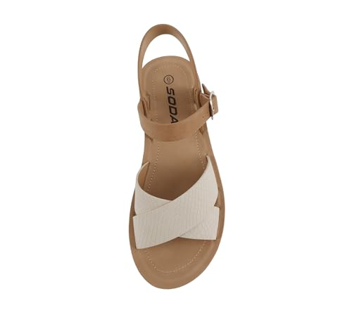Image of Soda CHESTER ~ Women Flat Sandals Flatform Ankle Buckle Criss Cross Band Straps Sandals Shoes (Gold Raffia, 5.5)