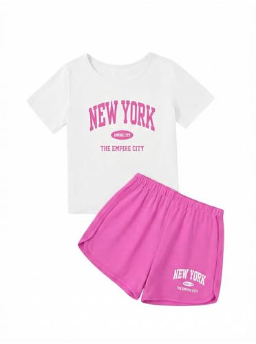 Image of Girls 2 Piece Summer Outfits Graphic Tee and Elastic Waist Shorts Set Activewear White Pink 9-10 Years