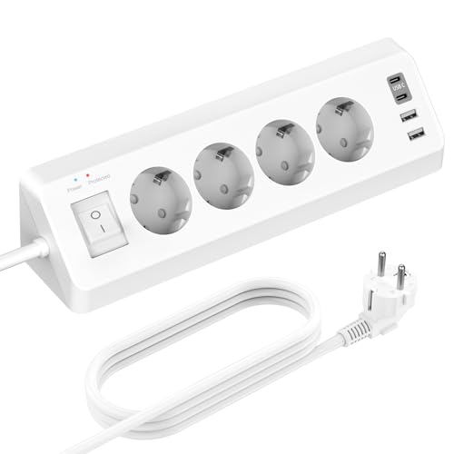 4 Fach Steckdosenleiste mit USB C, Ecksteckdose Ecke 4 USB mit Schalter, Schreibtisch Steckdose Überspannungsschutz mit 3M Kabel für Küche (Weiß)