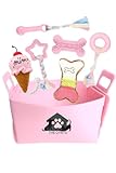 TheQPets Puppy Chew Toys Set (7-Pack) for Small Dogs – Teething Toys with Squeaky Plush, Rubber Bone, Rope Tug & Ring | Cute Pink Puppy Gift Set with Storage Basket | Washable, BPA-Free, Non-Toxic