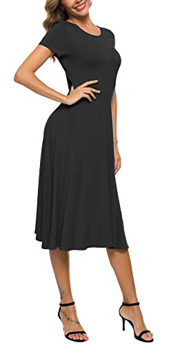 Women's Casual Round Neck Short Sleeve Midi Dress Solid Stretchy Waist Knee Long Dress4