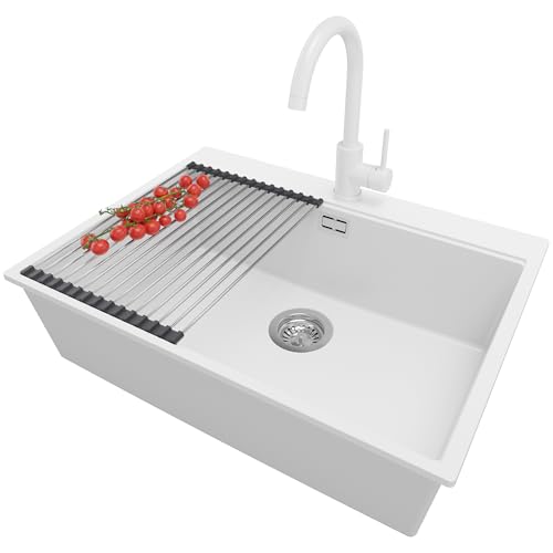 PRIMAGRAN Fregadero Granito Blanco 68x50cm, Cocina 1 Seno + Grifo 32x20cm + Sifón + Enrollable Escurridor, Sobre encimera al mueble 70cm - Oslo