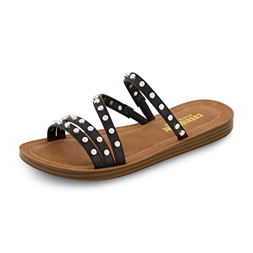 CUSHIONAIRE Andrea Strappy Women’s Sandals, Comfortable Studded Flat Slides for Women with Cushioned Footbed