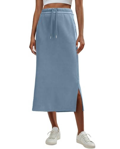 Image of Lepunuo Women's High Waisted Sweat Maxi Skirt with Pockets Slit | Ultra Soft Sweat Fabric, High Waist Drawstring, Deep Phone Pockets, Side Slit for Movement, Ideal for Lounge Travel