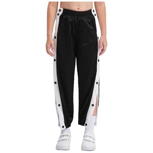 Jugaoge Pantalones de chándal para niñas y niños, cintura elástica, con botones de abertura lateral, corte regular, pantalones de entrenamiento, pantalones de chándal, Negro , 170