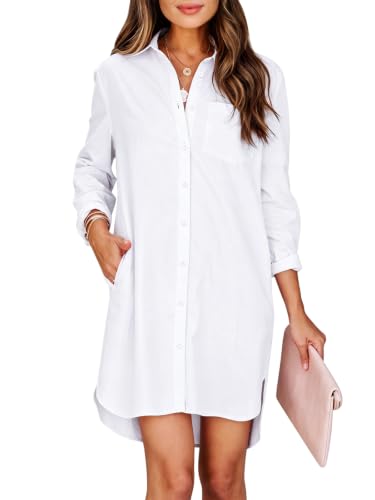 Image of Aoudery Womens Button Down Shirt Dresses with Pockets Cotton Button Up Tunics Long Sleeve Solid High Low Blouse Tops