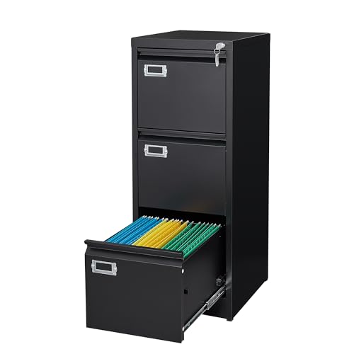 Image of MIIIKO 3 Drawer File Cabinet, Black Metal Vertical Filing Cabinet with Lock, Home Office File Folders Storage Cabinet for Letter Legal A4 File Size