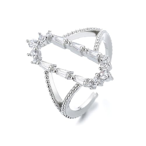 Hebelee CZ Rectangle Open Band Ring for Women Silver Plated Minimalist Cubic Zirconia Wedding Statement Adjustable Finger Rings Comfort Fit Fashion Simple Geometric Engagement Jewelry