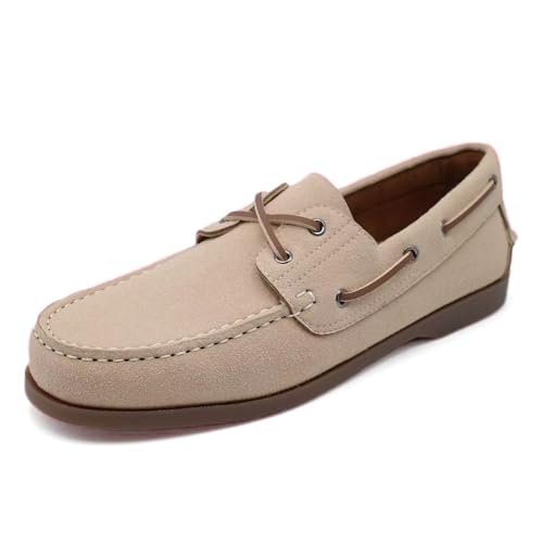 Finishing & Sewing Klassische Bootsschuhe aus Leder, Mokassin-Stil, Braun und Weiß, Schnürsystem mit Ösen (Sand Wildleder, Erwachsene, Herren, 43, Numerisch, EU Schuhgrößensystem, M)