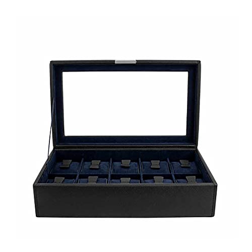 Friedrich23 Uhrenkoffer – Uhrenkasten Cross Grain mit Glasdeckel in schwarz – Platz für 10 Uhren – Feinsynthetik