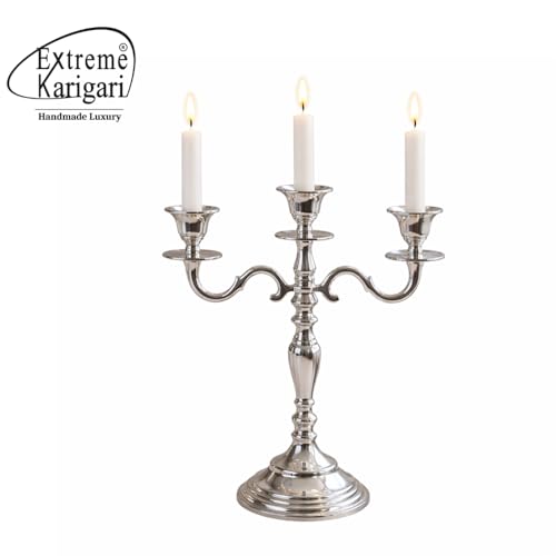 Image of 3 Arm Silver Candlestick Holder Stand | 12 Inch Metal Candelabra Candle Stand for Dining Table, Living Room, Wedding & Home Decor
