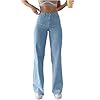 Straight Leg Jeans for Women Solid Color Classic High Waist Casual Button Zip Denim Pants with Pockets Light Blue