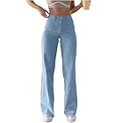 Straight Leg Jeans for Women Solid Color Classic High Waist Casual Button Zip Denim Pants with Pockets Light Blue