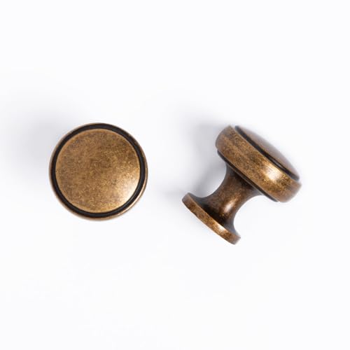 Pusrfots Round Knobs - 4 Pack / 1 Inch, Zinc Alloy Antique Brass Handles for Cabinets, Vintage Cabinet Knobs for Kitchen Cabinet Handles and Knobs, Bathroom Drawer Knob, Bedroom Wardrobe Pulls