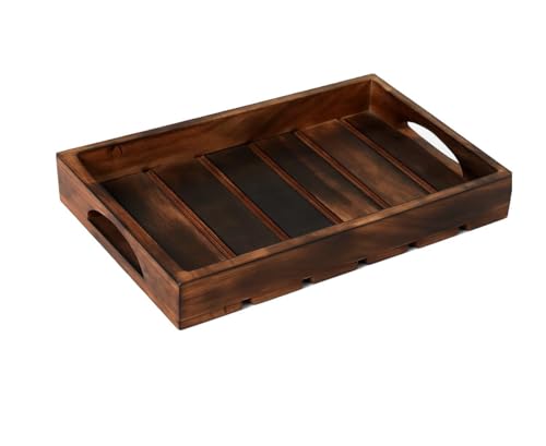 Image of Wooden Serving Tray - Solid Wood Rectangular Tray with Raised Edges for Coffee, Food & Snacks, Home & Hotel Use