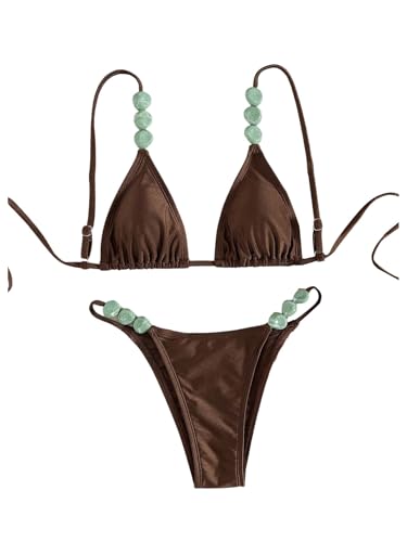 Maillot de bain 2 pièces triangle string perlé plage été pour femme