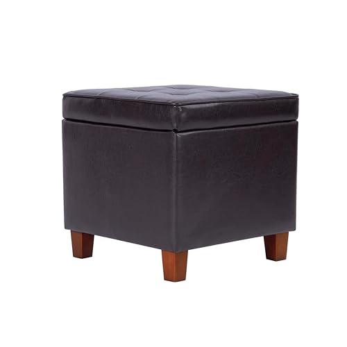 HomePop Leatherette Tufted Square Storage Ottoman with Hinged Lid, Brown Small