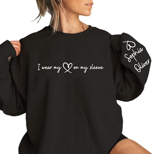 DILYPOD Personalized I Wear My Heart on My Sleeve Sweatshirt, Custom Kids Names on Sleeve, Customized Mothers Day Shirt for Grandma, Sweatshirts for Women, Gifts for Mother's Day Christmas, Mom Gifts