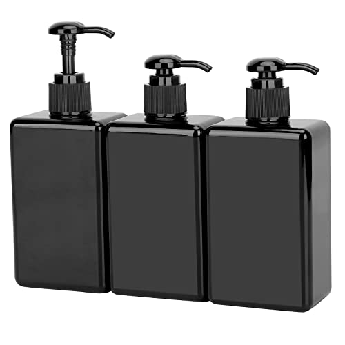 Suream Empty Shampoo Bottles with Pump, 3Pack 9.5oz/280ml Refillable Body Wash Dispensers for Shower, Black Plastic Countertop Soap Bottle for Bathroom, Kitchen Sink, Hotle, Salon