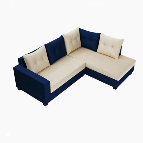 Image of SOCOZI Oriana 4 Seater RHS L Shape Sofa Set | Soft Velvet Suede Fabric | Modern Design | Plush Comfort Cushions for Living Room (Dark Blue-Cream)
