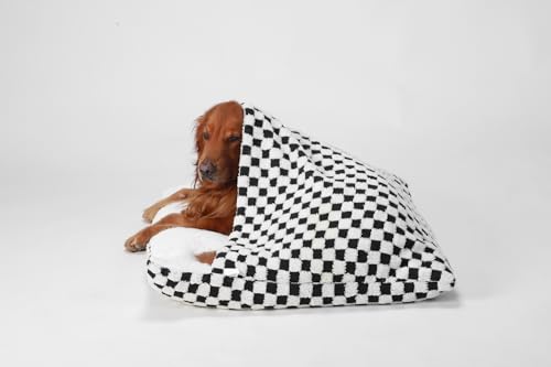 Beruhigend Hundeschlafsack, Hundebett Orthopädisch mit Dach, Flauschig Katzenkörbchen Waschbar mit Kapuze, Abnehmbar und Waschbar Katzenschlafsack Hundekorb für Kleine Mittelgroße Hunde(Square Grid,75
