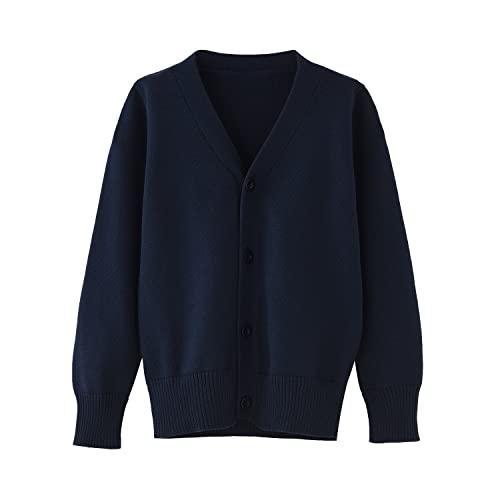 BUNIDUCKLING Mädchen Langarm Strickjacke mit Knöpfen - Baumwolle - V-Ausschnitt Kinder Cardigan Schuluniform (Dunkel Blau, 140)