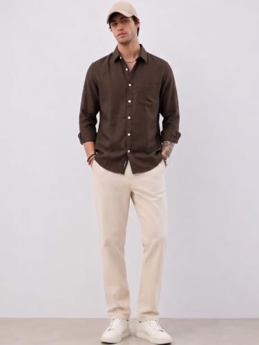 Image of Men's Brown Linen Casual Full Sleeve Shirt with Chest Pocket
