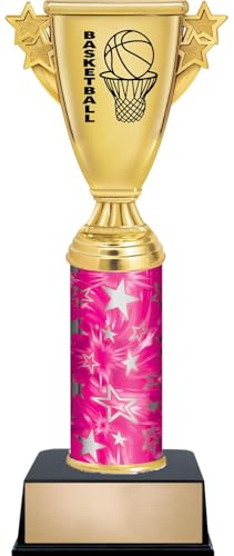 11" Basketball Star Cup Trophies - Custom Engraved Basketball Pink and Silver Star Column Trophy Awards