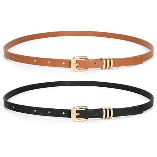 XZQTIVE 2 Pack Skinny Belt for Women PU Leather Belt for Dress Pants Ladies Thin Waist Belt with Gold Silver Buckle