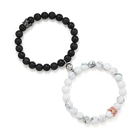 POSHFEEL 8mm Natural Stone CZ Micro Pave Crown King Queen Beads His and Hers Couple Bracelet, 7.5" (1-Black&White-2) Cover