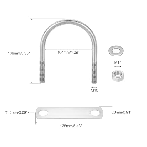 Image of uxcell Round U-Bolts, 4 Sets 104mm(4.09 inch) Inner Width 136mm Length M10 304 Stainless Steel U Clamp Bolt with Nuts and Plates, for Boat Trailer