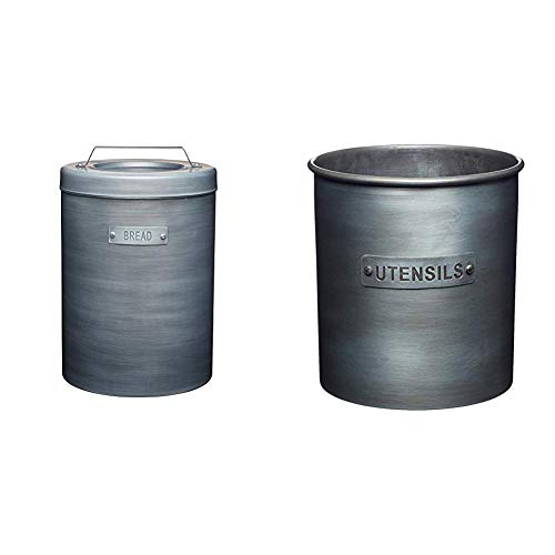 Image of KitchenCraft Industrial Kitchen Vintage-Style Metal Bread Bin, 23 x 23 x 34.5 cm (9" x 9" x 13.5") - Grey & Industrial Kitchen Vintage-Style Metal Utensil Holder, 13.5 x 14.5 cm (5.5” x 5.5”)