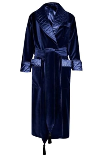 Men Blue Long Smoking Jacket,Men Double Breasted Luxury Silk Velvet Cigar Robe for Dinner Party Wear Jacket with belte